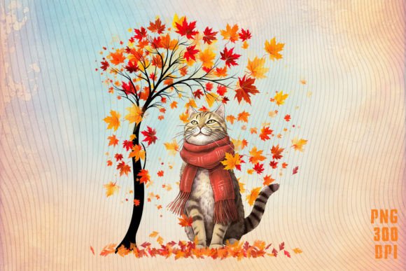 Autumn Tree Leaves and Cat Clipart PNG