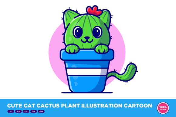 Cute Cat Cactus Plant Illustration