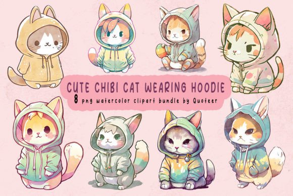 Cute Chibi Cat Wearing Hoodie Watercolor